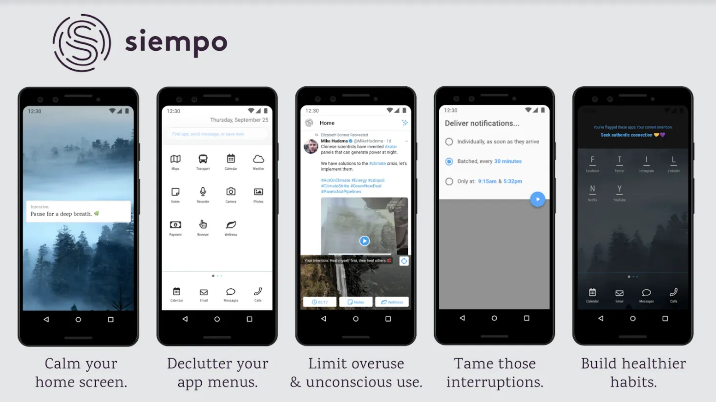 Mindful phone interface promoting focus and well-being.